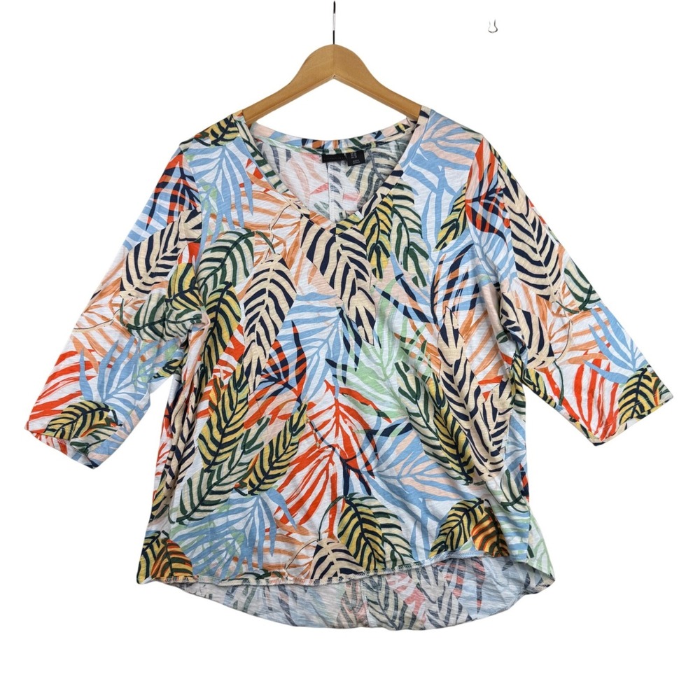 Tahari Tropical Palm Leaf Print V-neck 3/4 Sleeve Blouse size 1X Multicolor